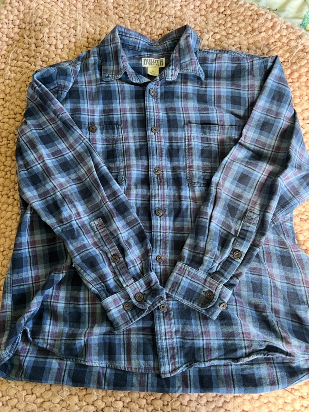 Duluth Trading Co Blue and Black Plaid Button-Down Shirt
